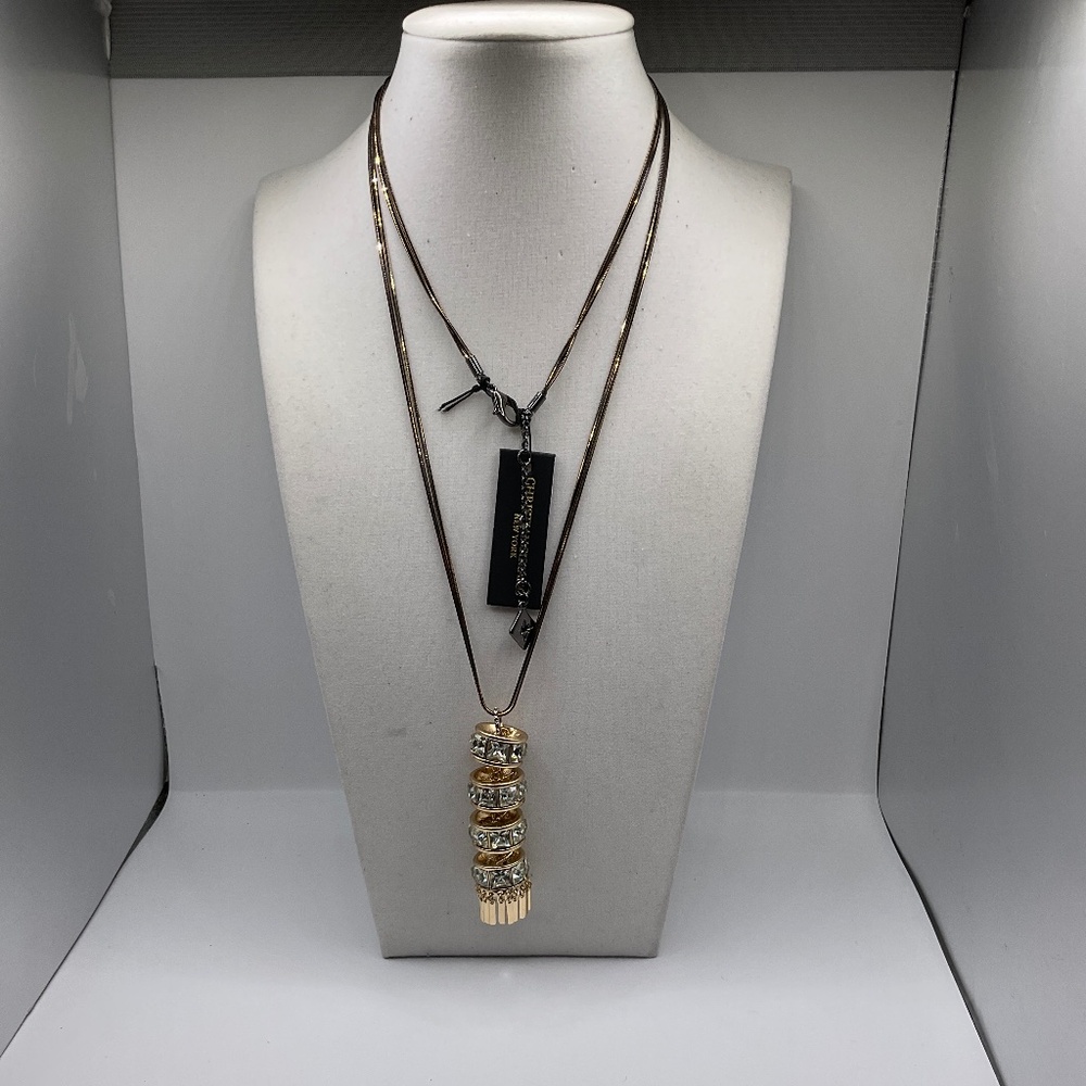 Gold Tone Snake Chain Necklace Sprayed Black with Clear Stone Rondell Tassell